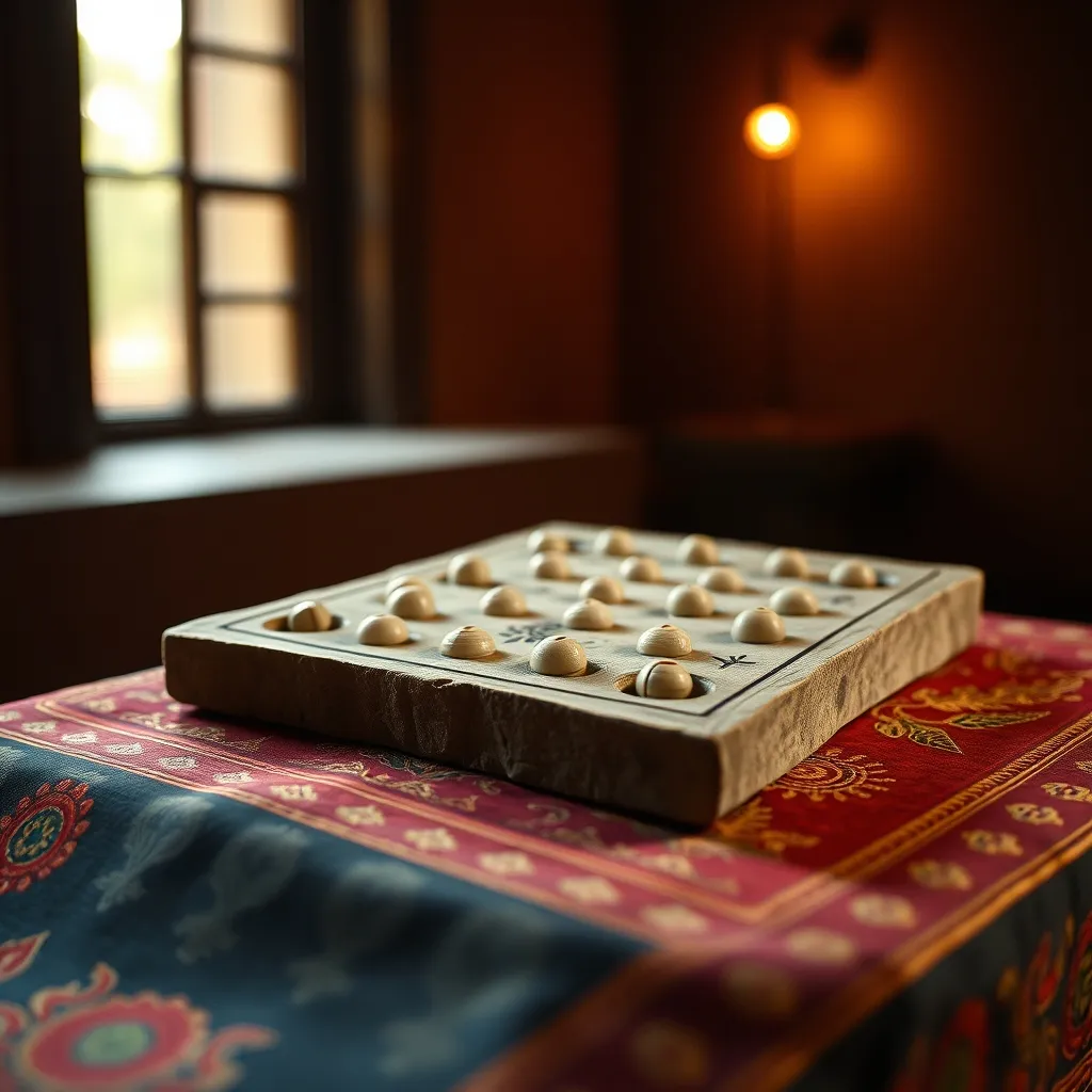Tablero tradicional de Pachisi indio con conchas cauris, el ancestro del Parqués moderno
