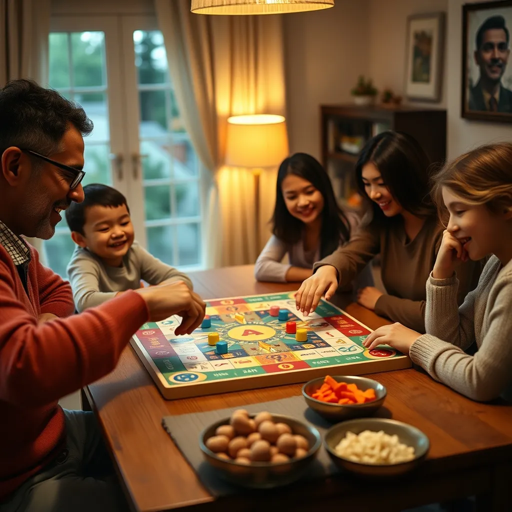 Familia disfrutando de una partida de Parcheesi en una velada hogareña