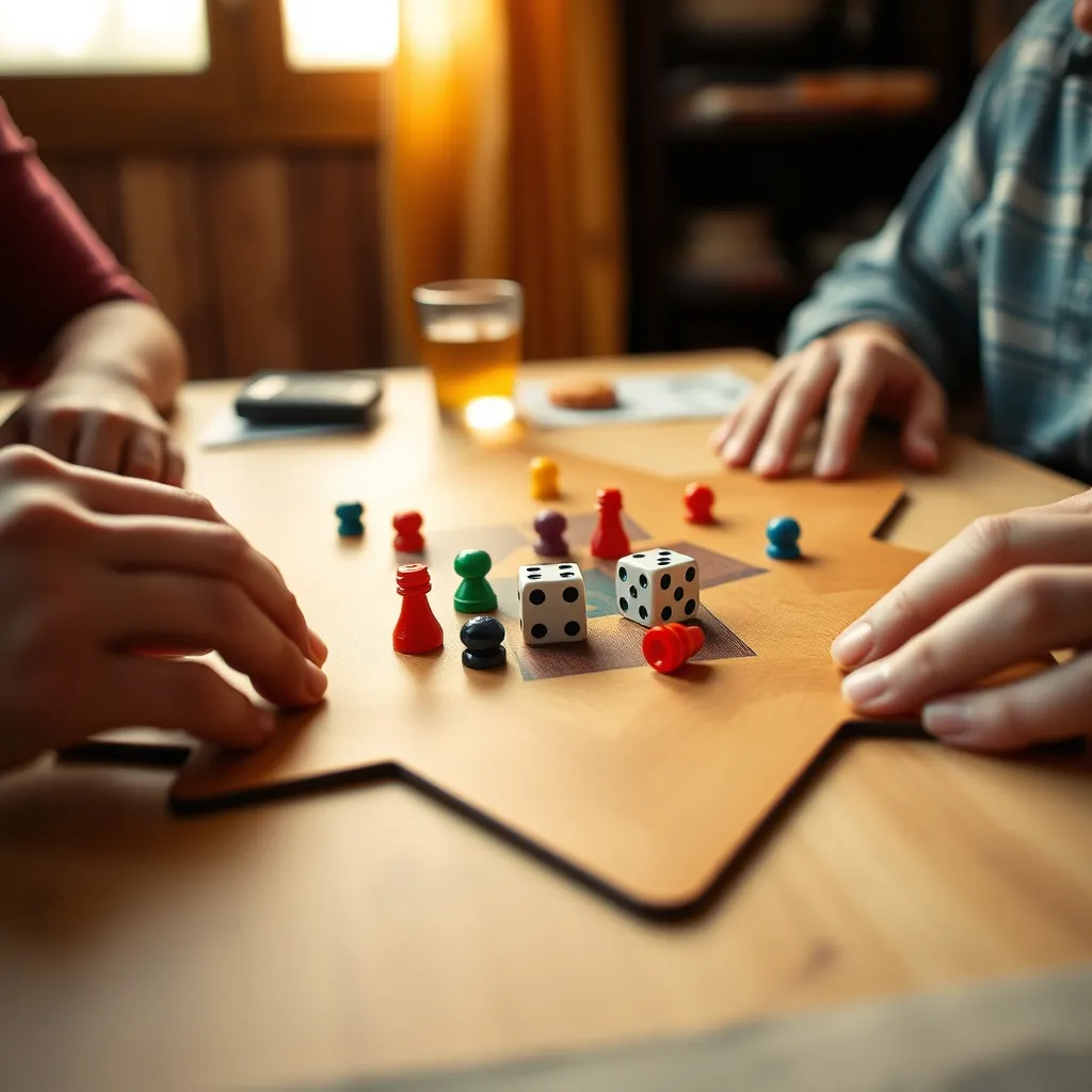 Fichas de colores y dados sobre el tablero de poleana durante una partida familiar