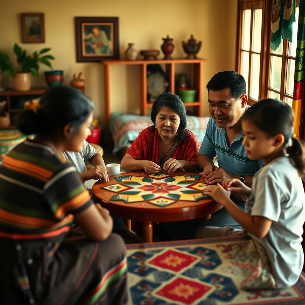 Familia mexicana multigeneracional disfrutando de una partida de poleana en casa