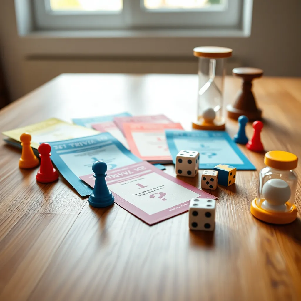 Componentes del juego: tarjetas, peones, dado y reloj de arena