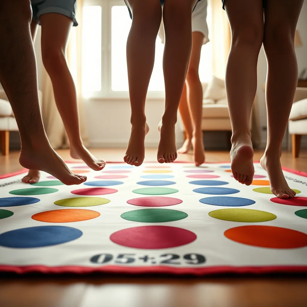 Manos y pies de jugadores enredados sobre el tapete de colores de Twister