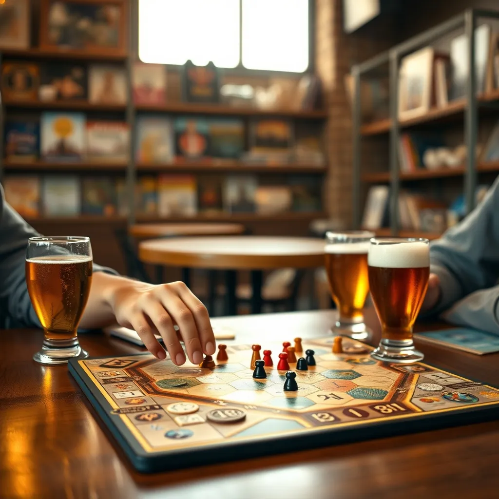 Detalle de una partida en un bar de juegos de mesa con bebidas artesanales acompañando la sesión