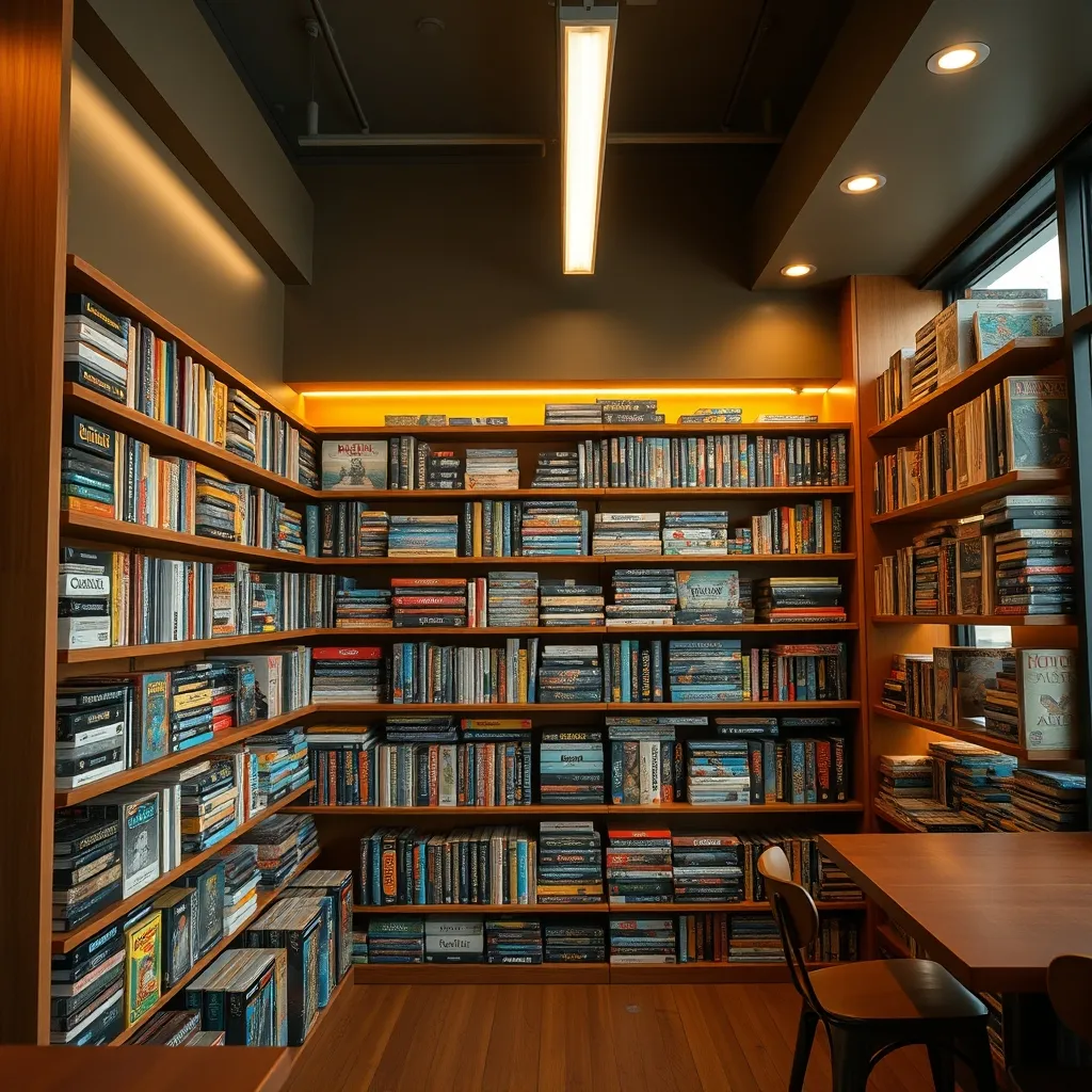 Estanterías repletas de juegos de mesa en un board game café de Madrid