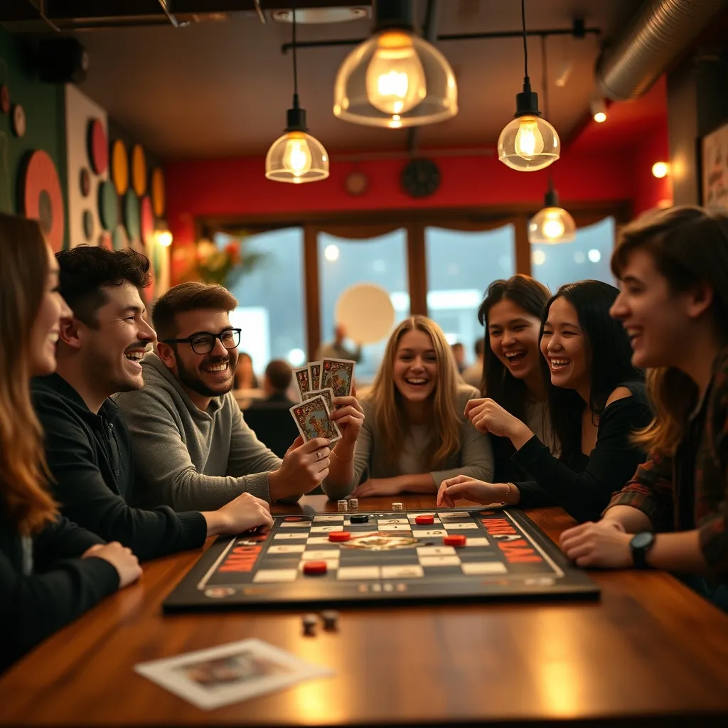 Grupo de amigos celebrando una victoria en una noche de juegos de mesa en un bar especializado