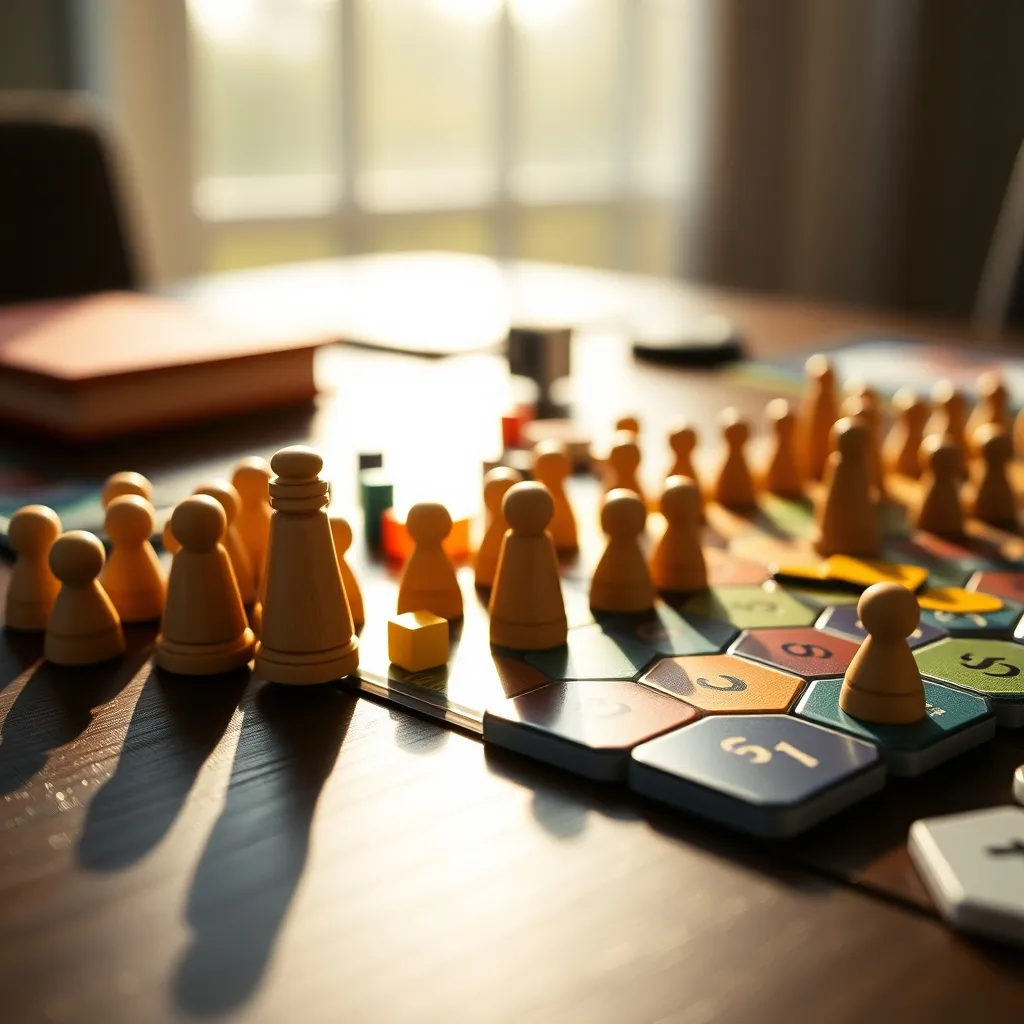 Componentes típicos de un eurogame: meeples de madera, cubos de recursos y tablero hexagonal