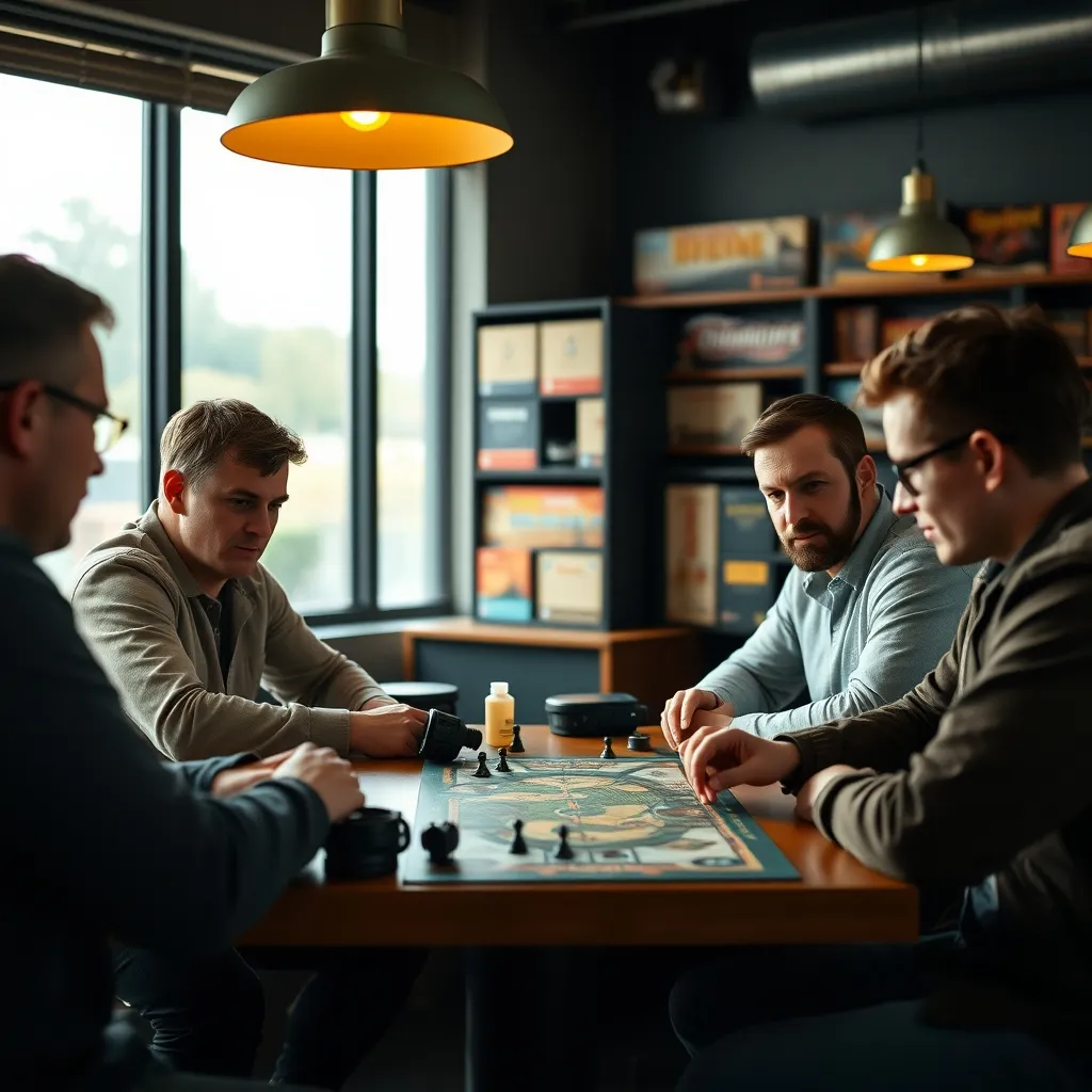Grupo de jugadores inmersos en una partida de un eurogame pesado en un café lúdico