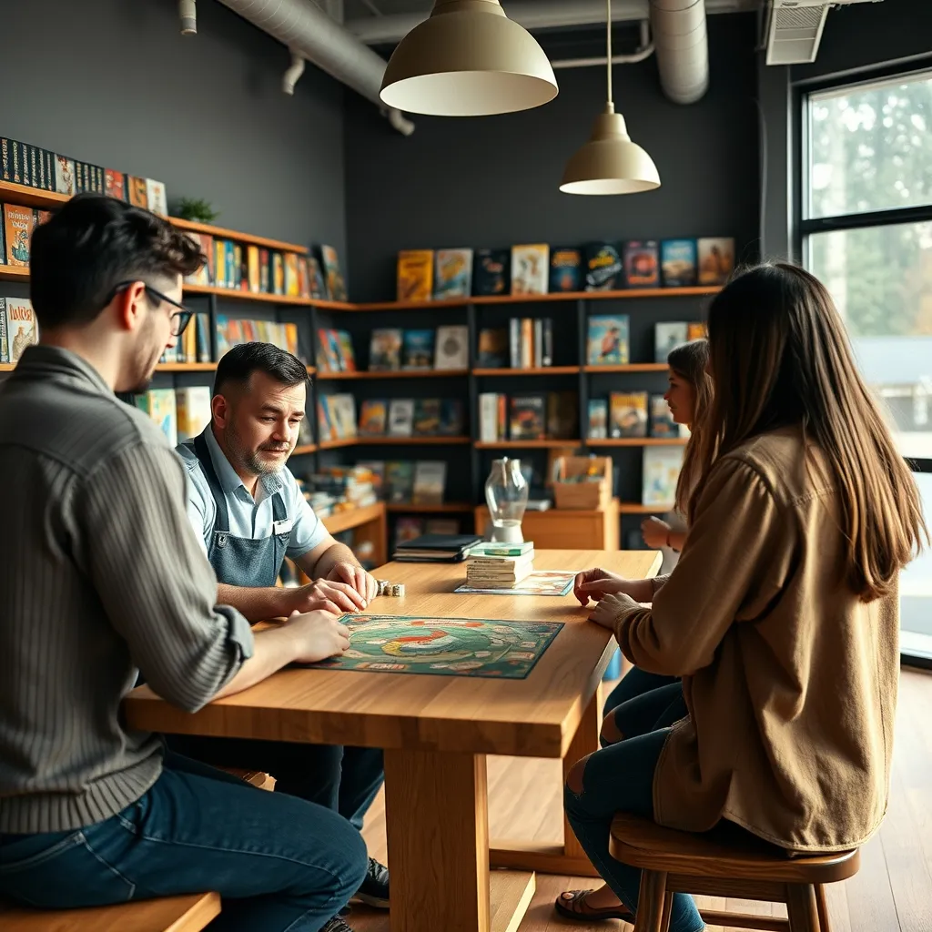 Un vendeur passionné explique les règles d'un jeu de stratégie à des clients curieux