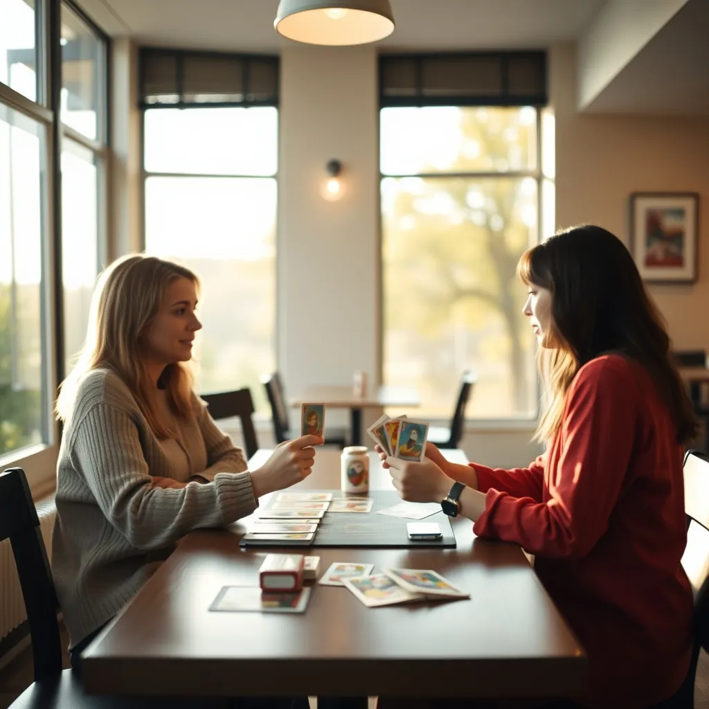 Partie de jeu de cartes stratégique entre deux joueurs dans un café lumineux