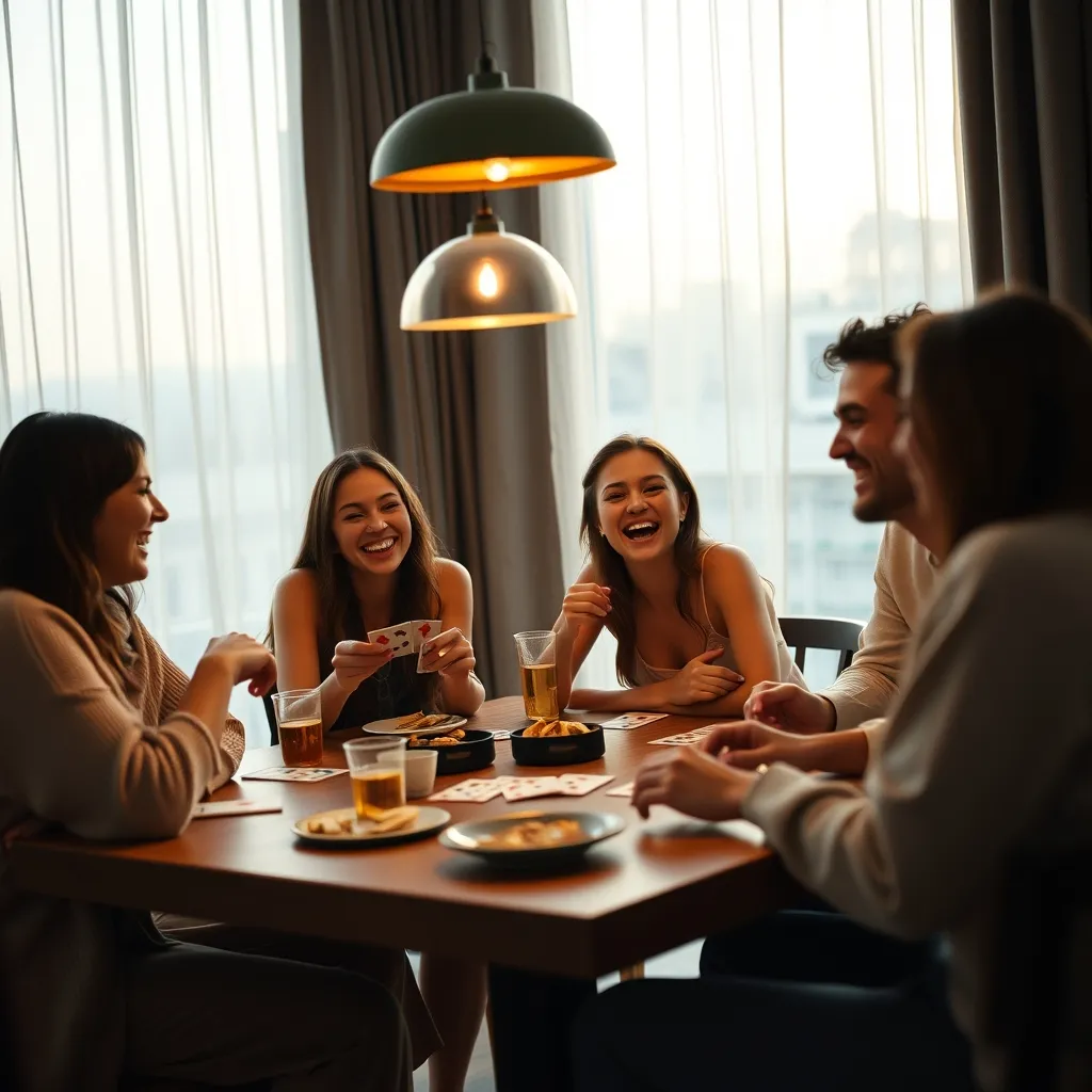 Soirée jeux de cartes entre amis avec rires et convivialité autour de la table