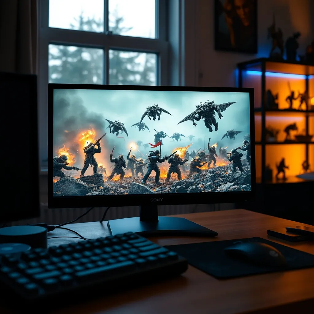 Pantalla de PC mostrando una batalla de Dawn of War junto a miniaturas Deathwatch en la estantería