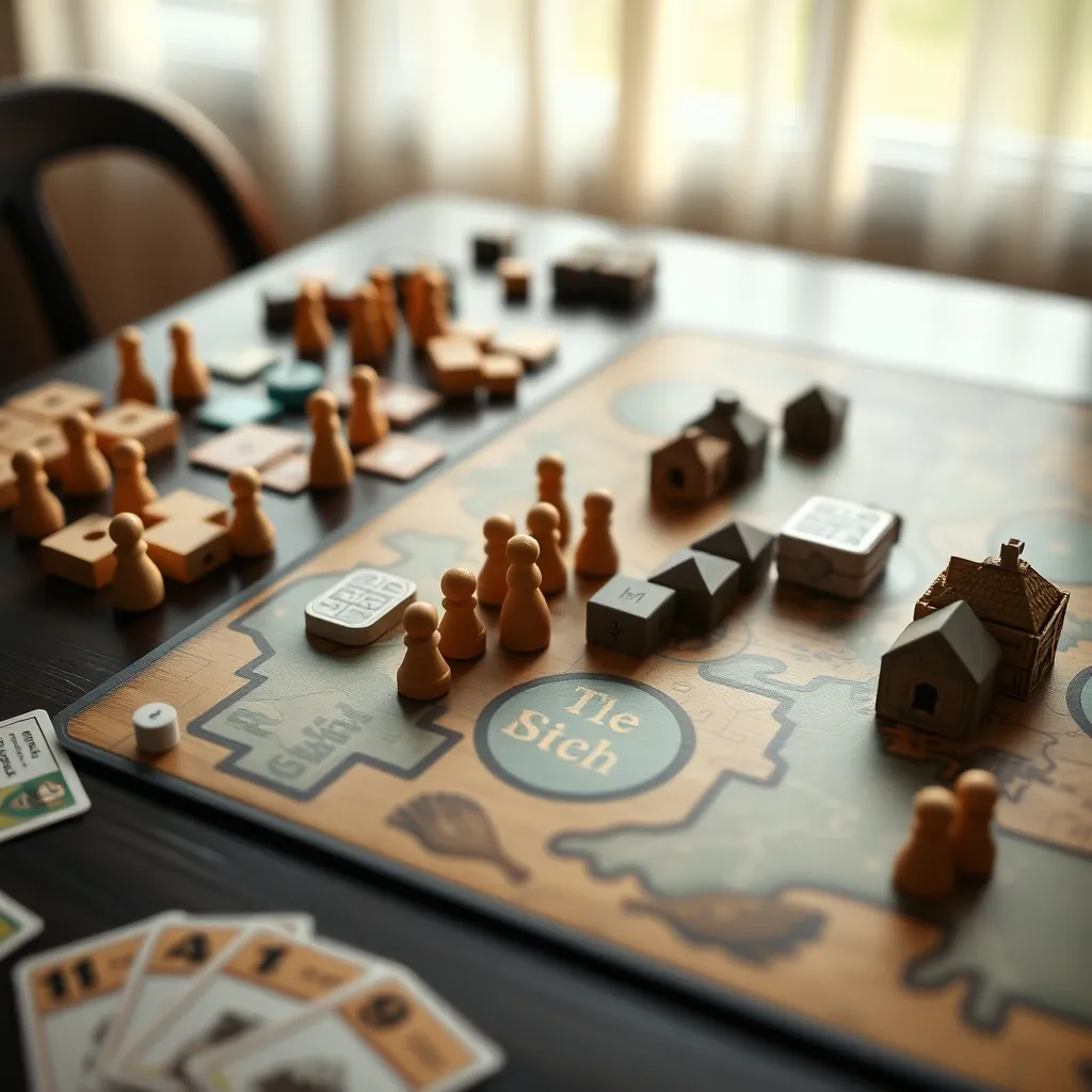 Componentes típicos de un eurogame de peso medio con fichas de madera y losetas