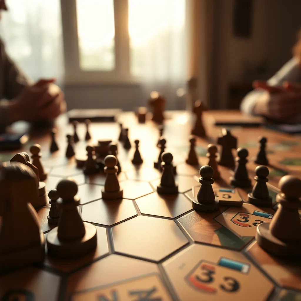 Componentes típicos de un eurogame moderno: meeples, fichas de recursos y cartas de estrategia
