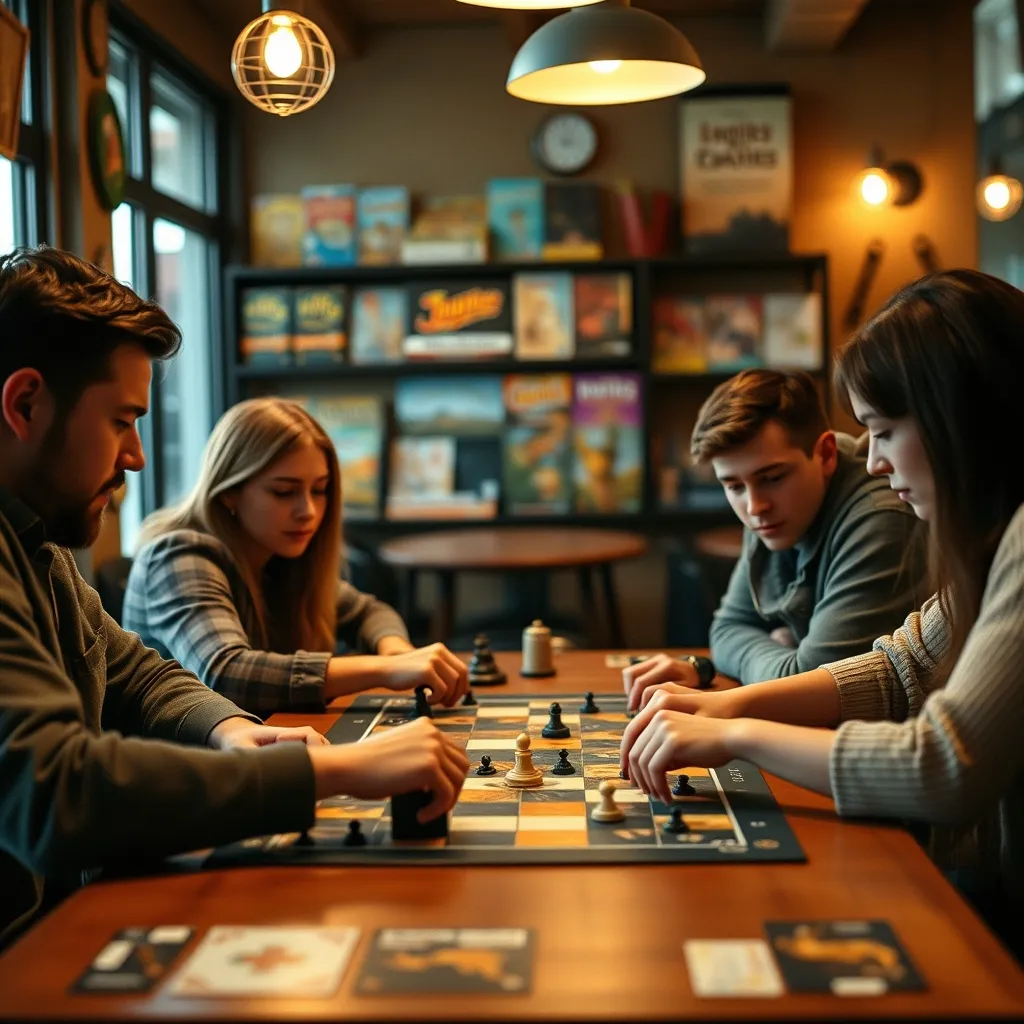 Grupo de jugadores disfrutando de una sesión de eurogames en un café lúdico