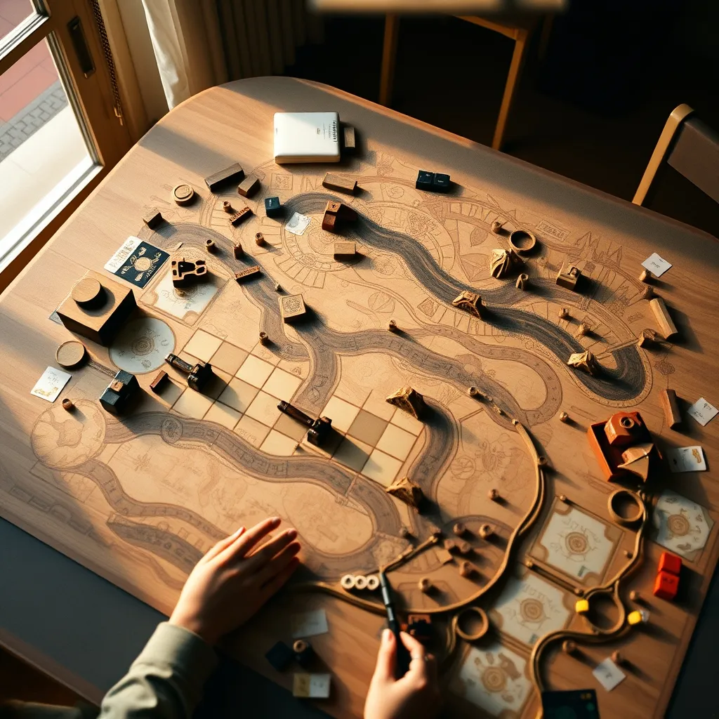 Vista cenital de un eurogame pesado en plena partida durante Essen Spiel 2024