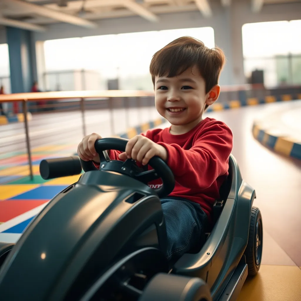 Niño conduciendo un mini car eléctrico en un centro de ocio familiar interior