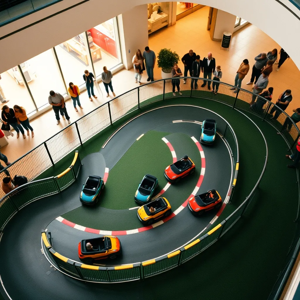 Vista cenital de un circuito de mini cars en un centro comercial