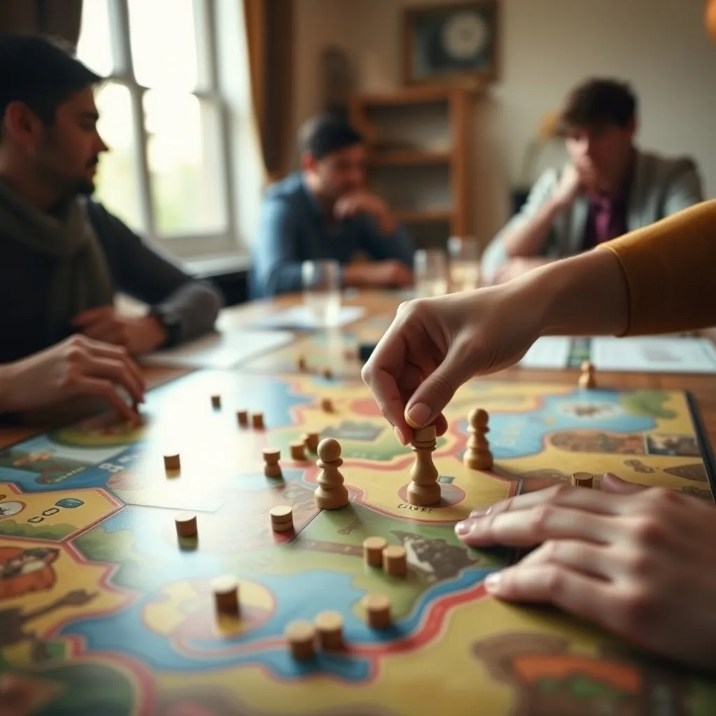 Detalle de una partida de eurogame con fichas de recursos sobre el tablero