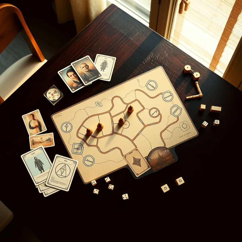 Vista cenital de un prototipo de juego de mesa terminado con todos sus componentes