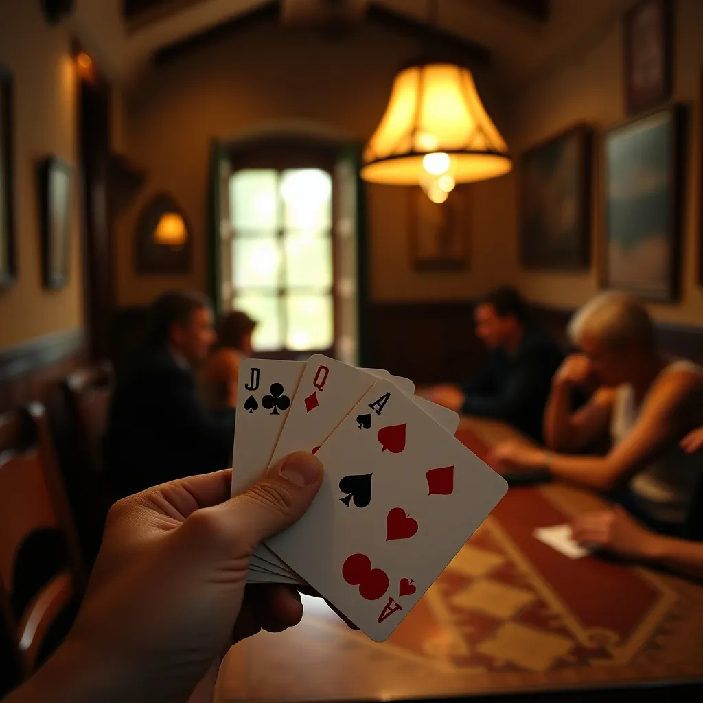 Mano de cartas españolas durante una partida de mus en ambiente tradicional