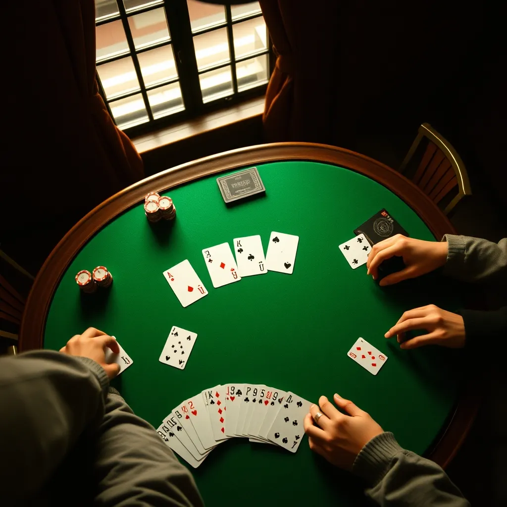 Partida de póker Texas Hold'em con cartas comunitarias sobre tapete verde