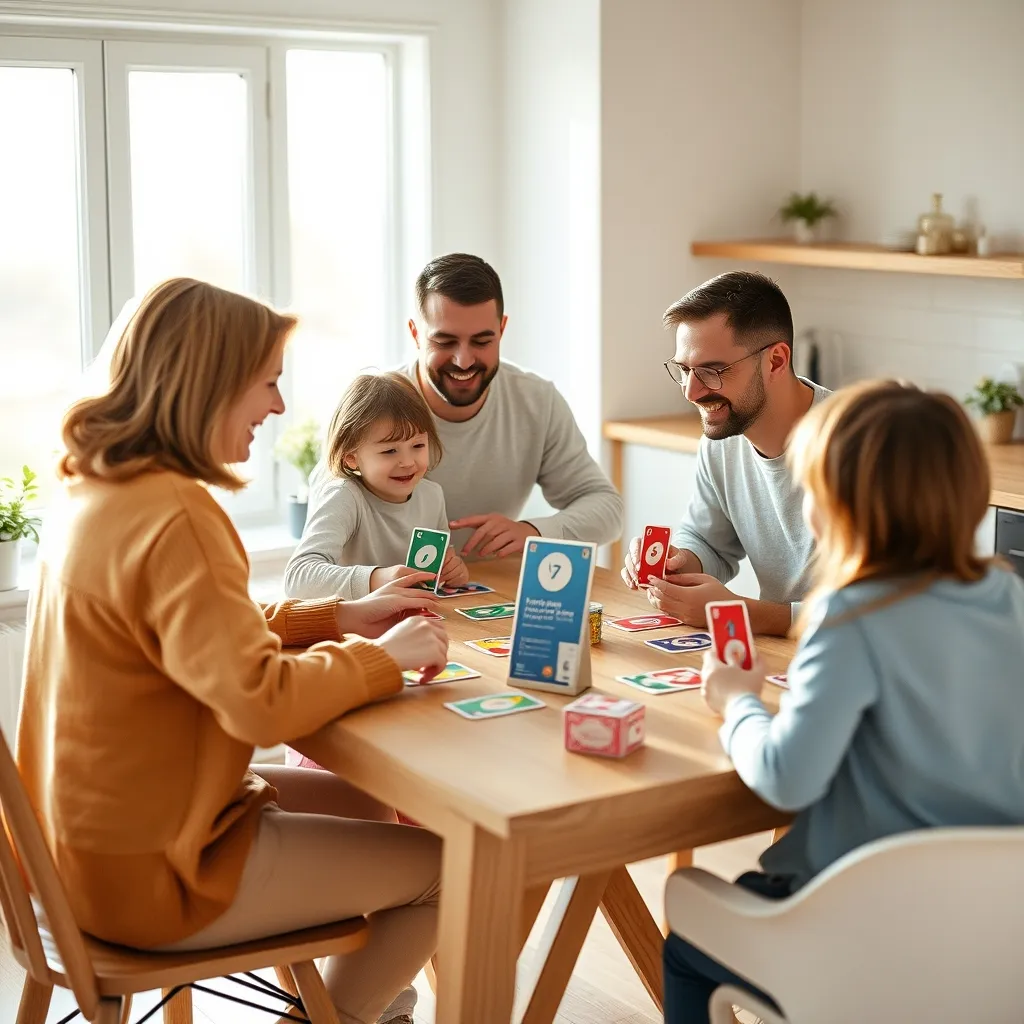 Familia disfrutando de juegos de cartas modernos como Uno y Virus en una mesa luminosa