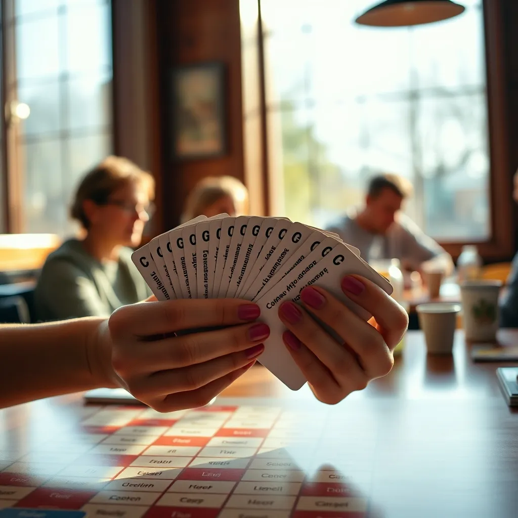 Partie de Codenames en version anglaise dans un café lumineux