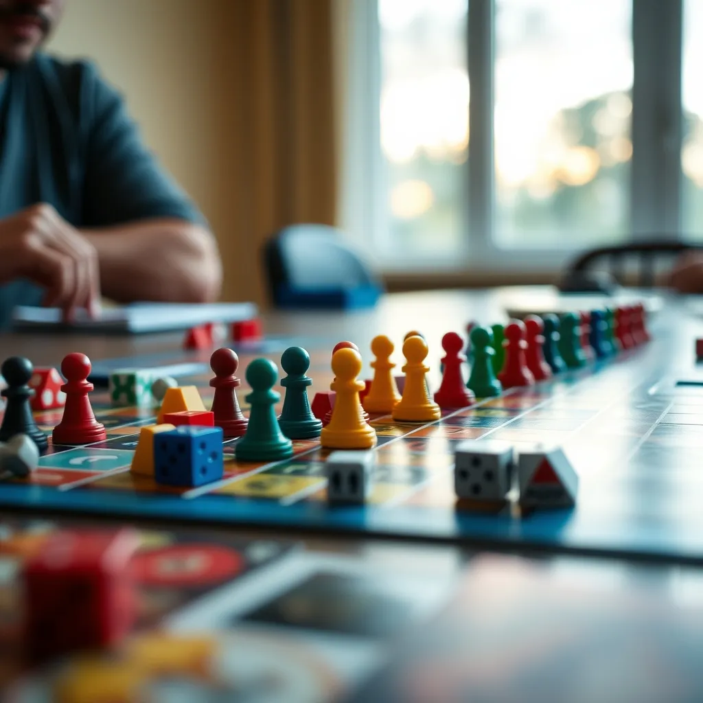 Componentes de juegos de mesa: meeples, dados, cartas y fichas sobre un tablero de juego