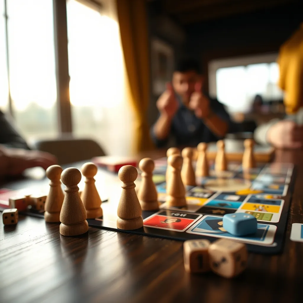 Componentes de juegos de mesa modernos: fichas, cartas y dados sobre una mesa de madera