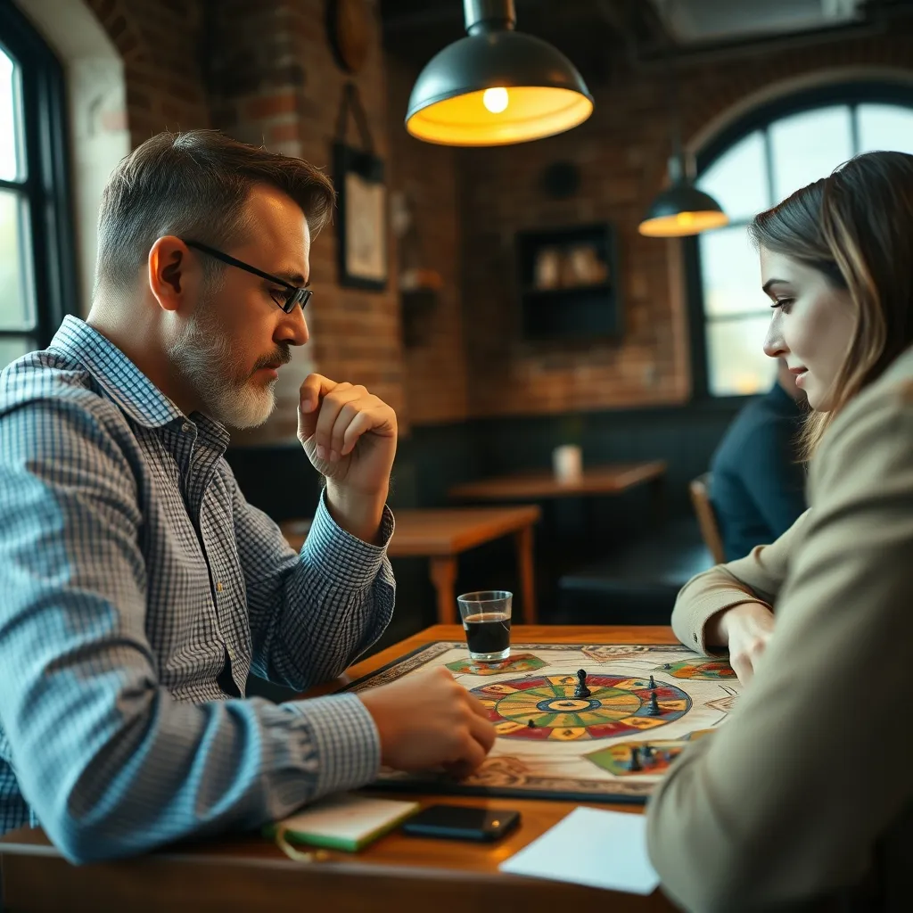Dos jugadores adultos concentrados en una partida de estrategia en un bar de juegos