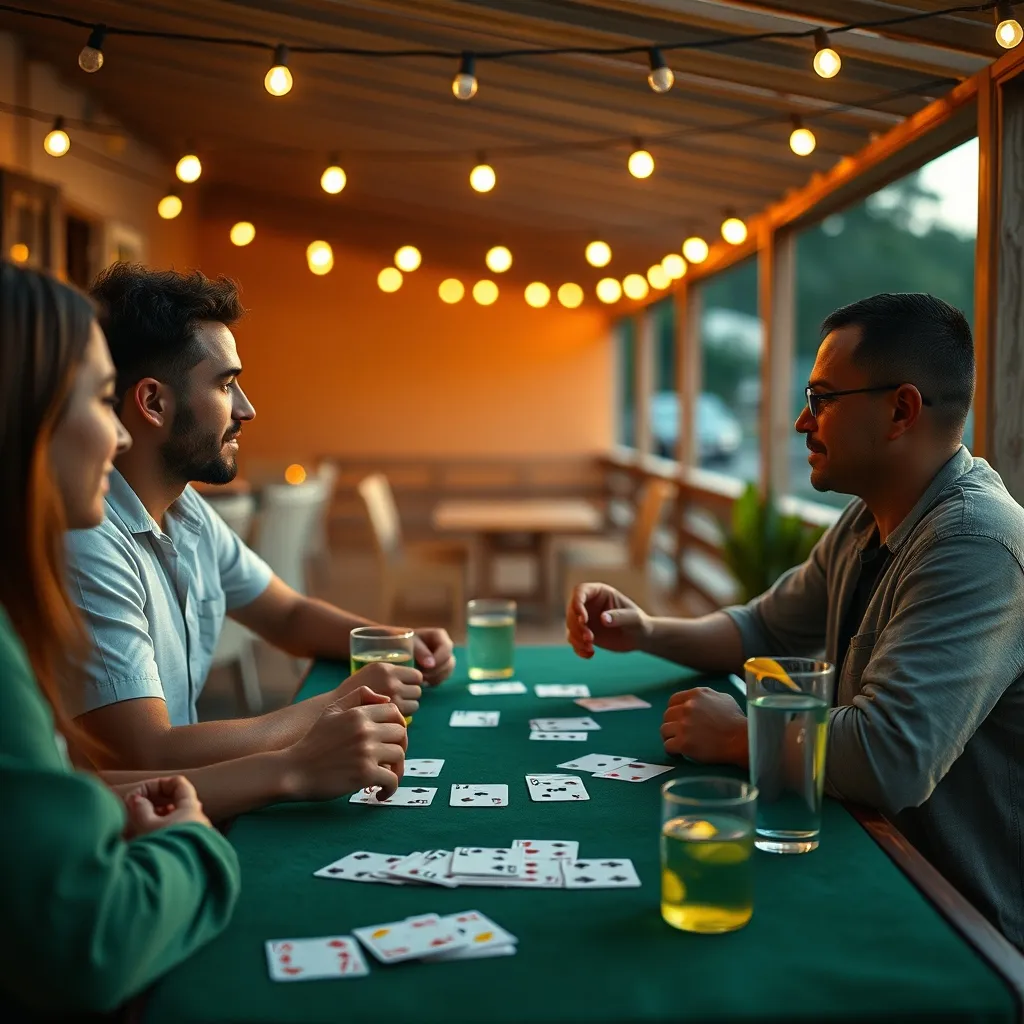 Partida de Truco dominicano al atardecer con señas entre compañeros