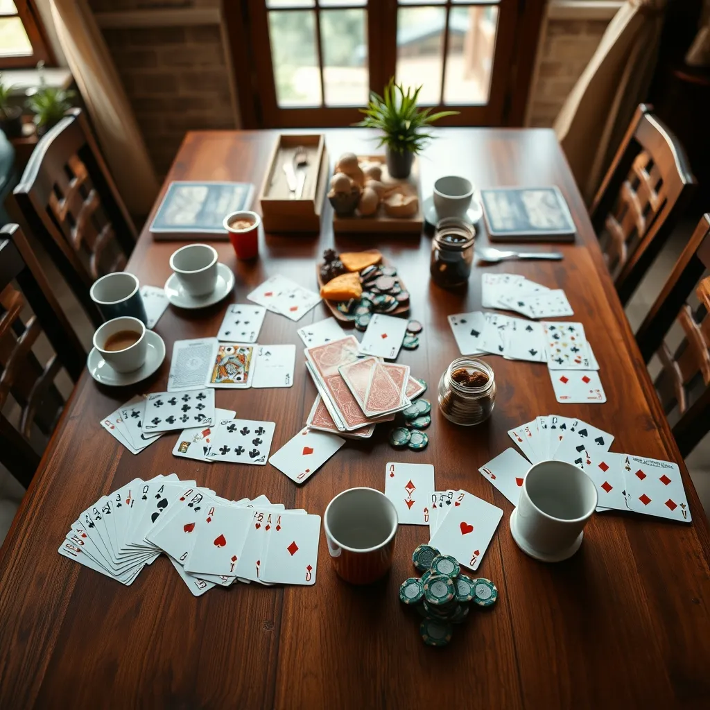 Vista cenital de una mesa preparada para una noche de cartas dominicana