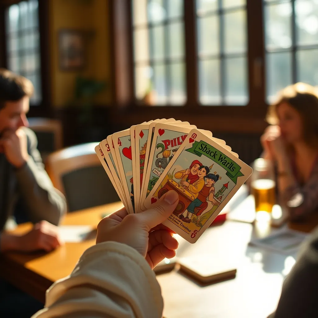 Manos sosteniendo cartas de juego ilustradas durante una partida entre amigos
