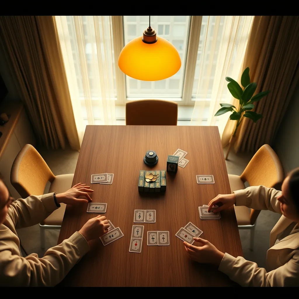 Vista cenital de una partida de cartas estratégica en pleno desarrollo