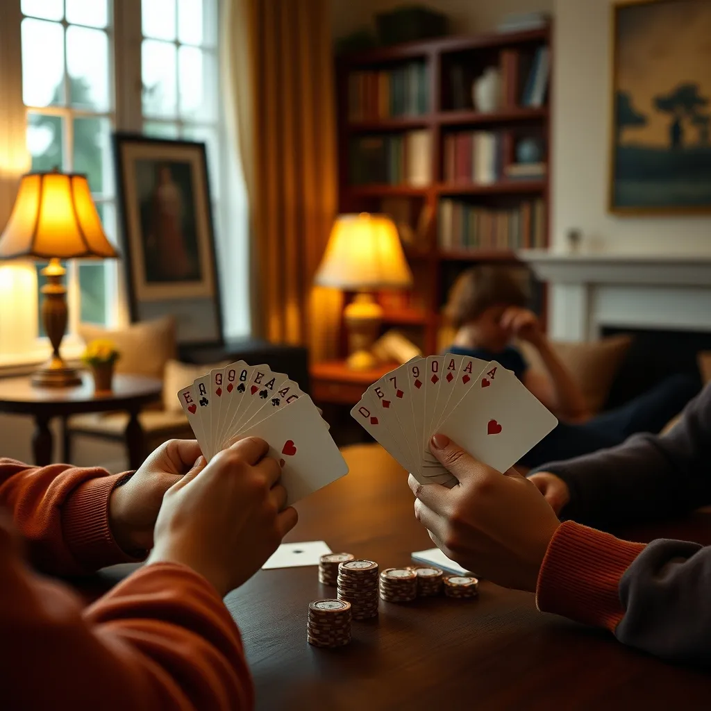 Dos jugadores enfrentados en una partida de cartas inglesas con fichas de póker sobre la mesa
