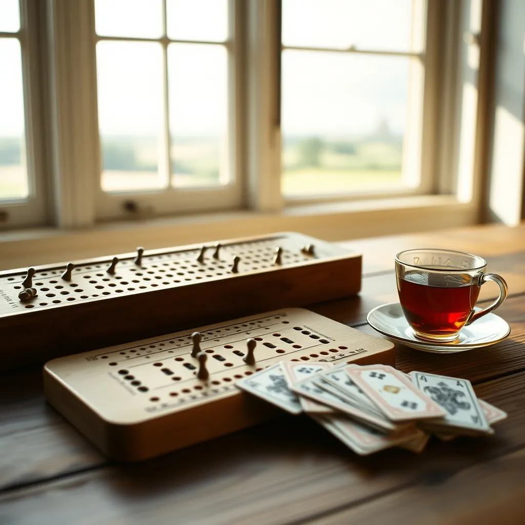 Tablero de Cribbage junto a cartas inglesas y una taza de té, evocando la tradición británica de los juegos de cartas
