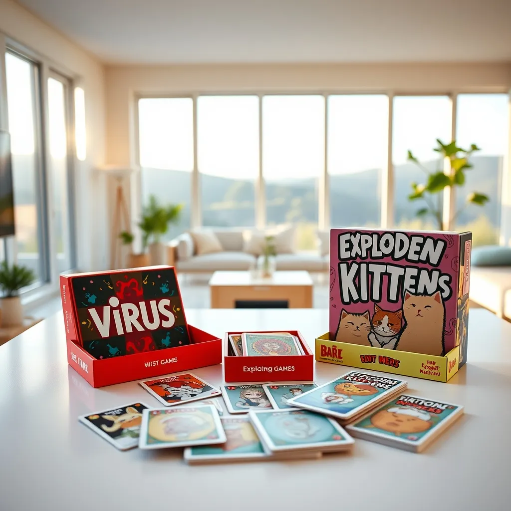 Juegos de cartas modernos como Virus y Exploding Kittens listos para jugar