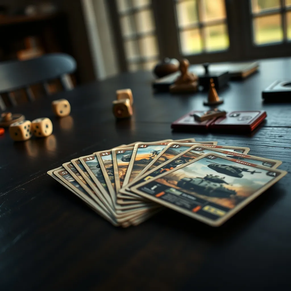 Cartas de wargame desplegadas mostrando unidades militares ilustradas