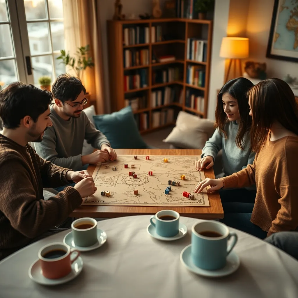 Grupo de amigos disfrutando de un juego de mesa casero de conquista de territorios
