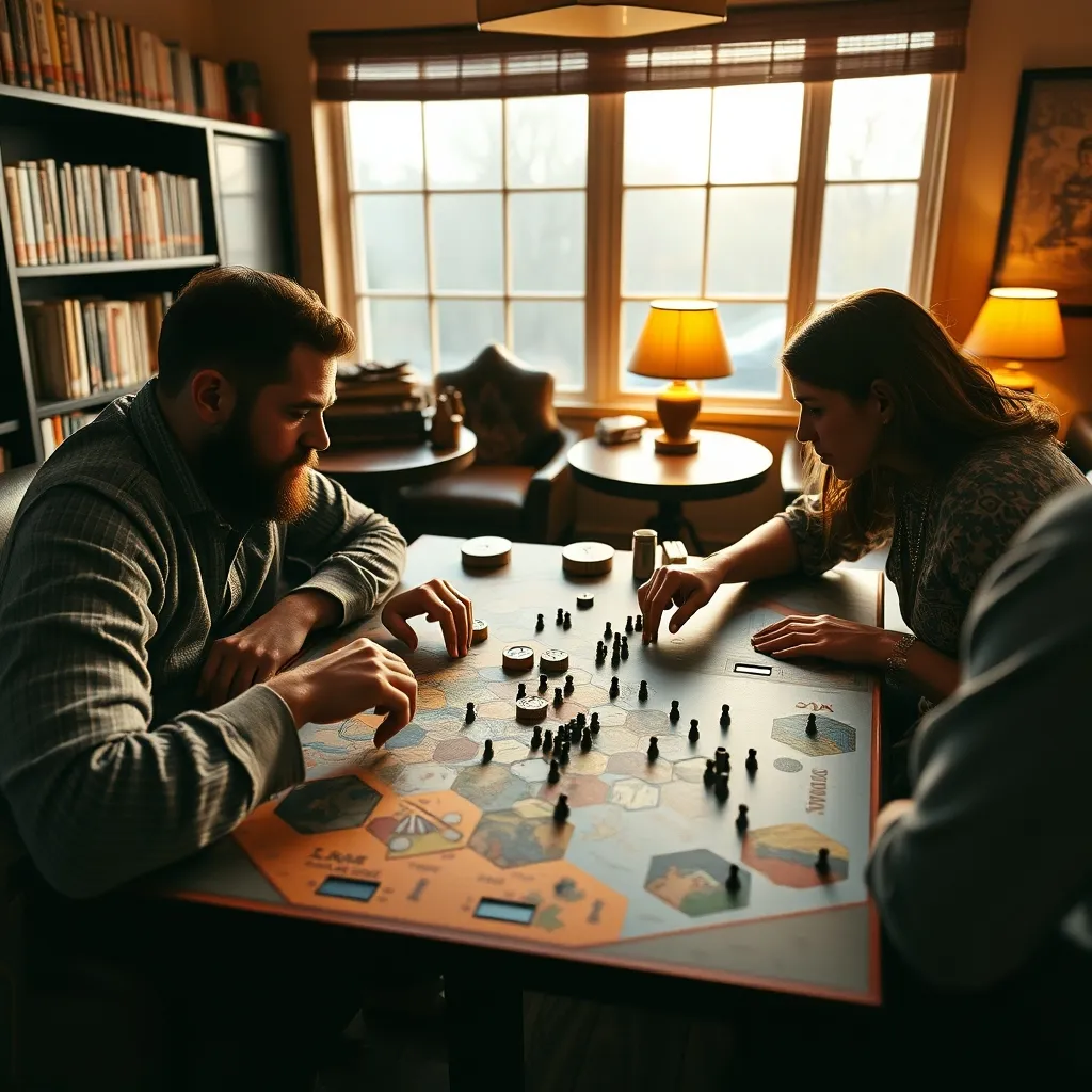 Dos jugadores enfrentados en una partida de wargame sobre mapa hexagonal