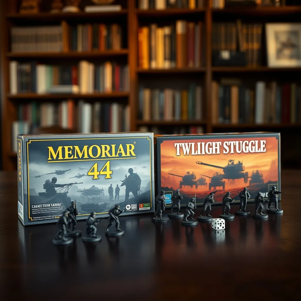 Selección de wargames populares con dados y miniaturas sobre mesa de madera