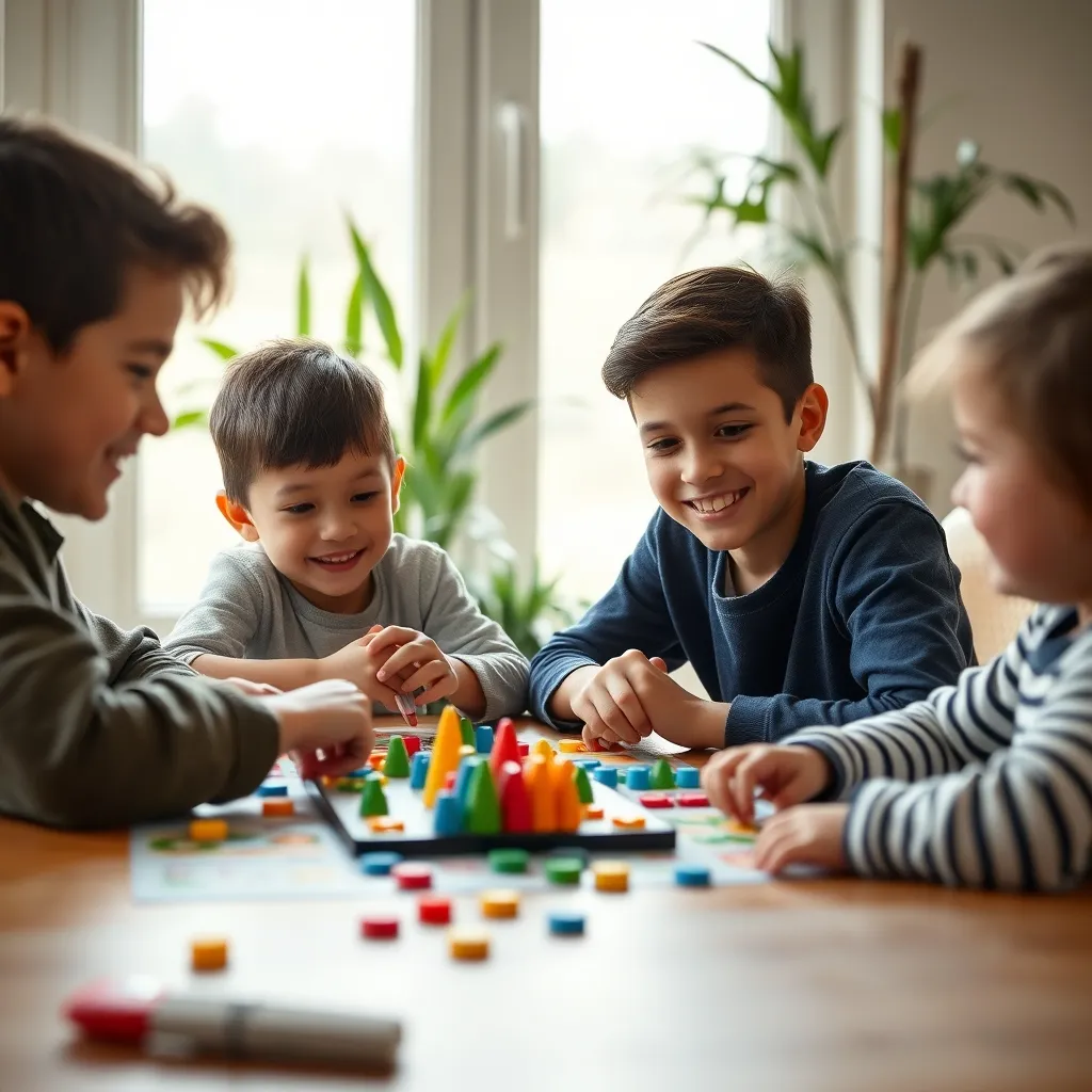 Familia jugando a un juego de rol de mesa adaptado para niños en un ambiente luminoso y acogedor