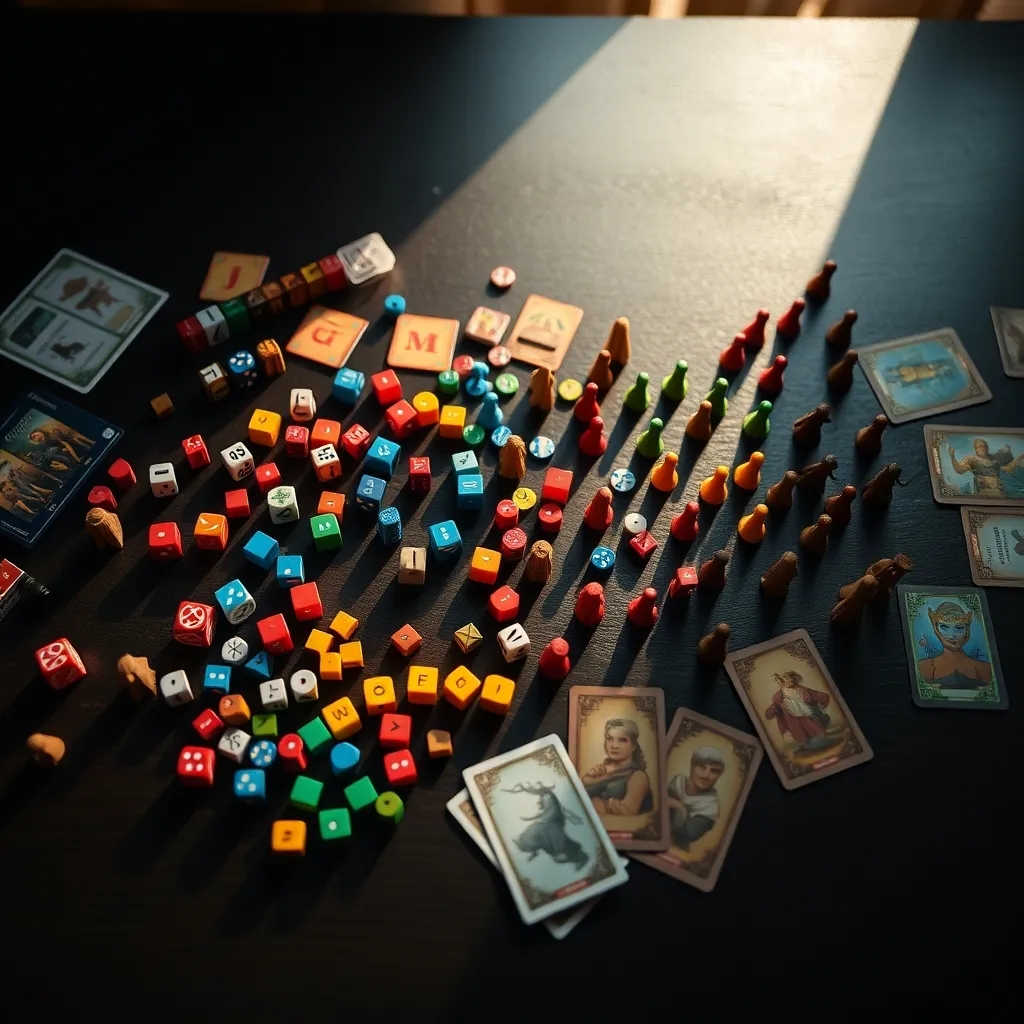 Componentes de juegos de mesa variados: dados, meeples, fichas y cartas que invitan a jugar