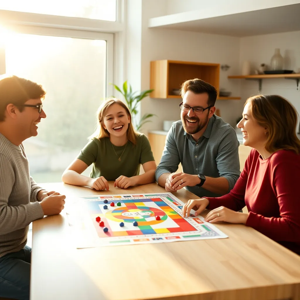 Familia disfrutando de una partida de juegos de mesa en casa durante el fin de semana