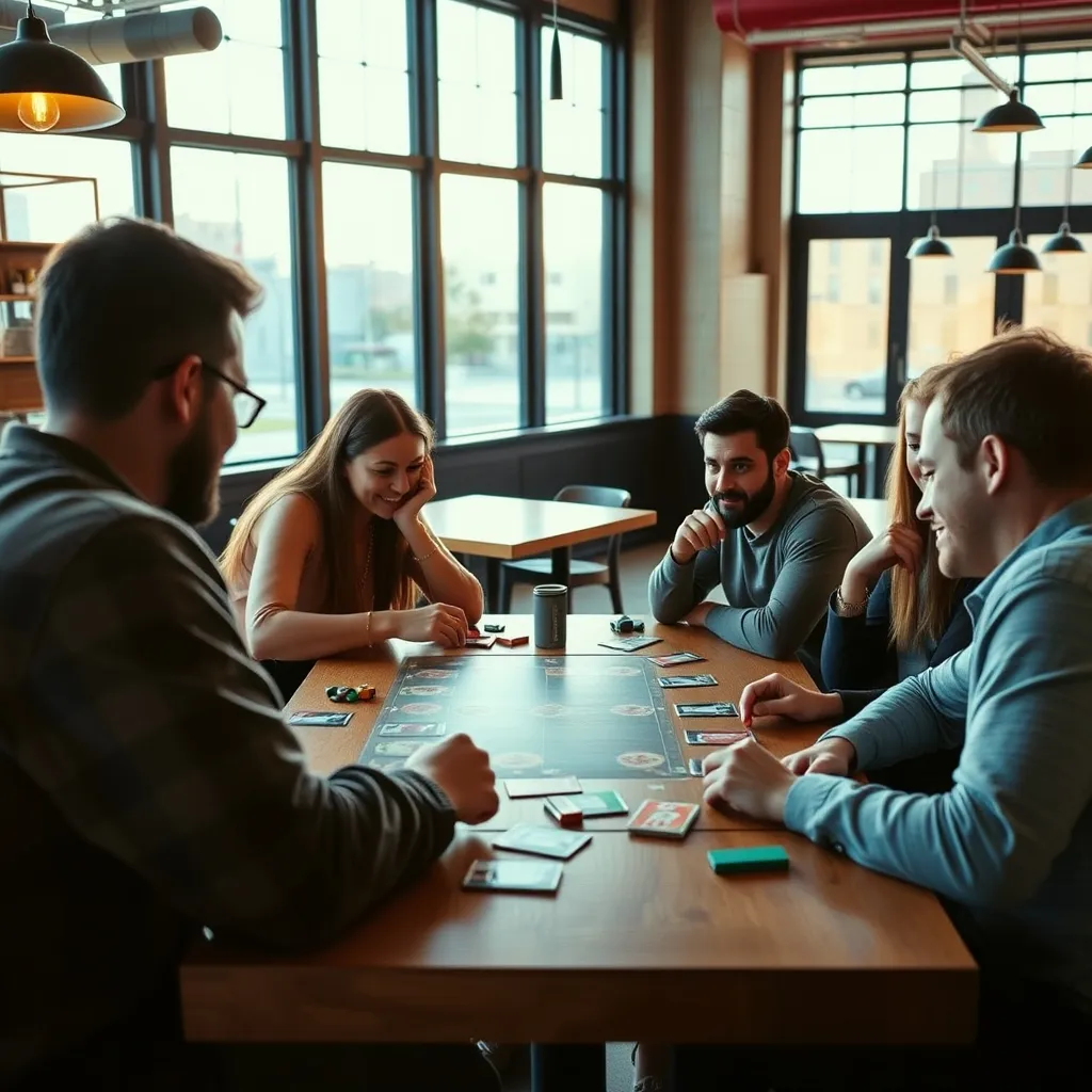 Grupo de amigos disfrutando de una partida en un bar con ludoteca