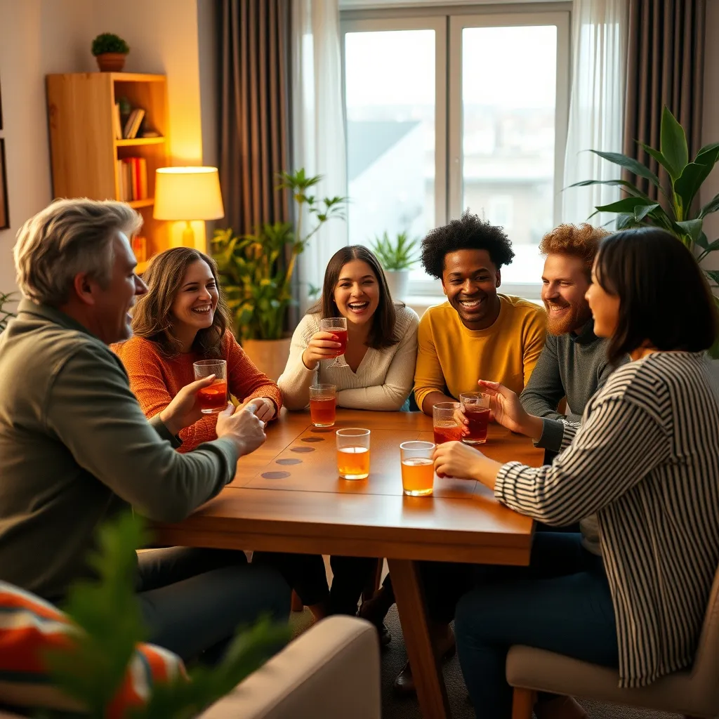 Grupo de amigos disfrutando de una noche de juegos de mesa con bebidas