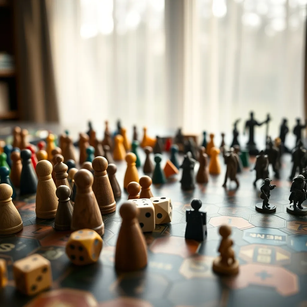 Componentes variados de juegos de tablero: meeples, dados y fichas de recursos sobre un tablero hexagonal