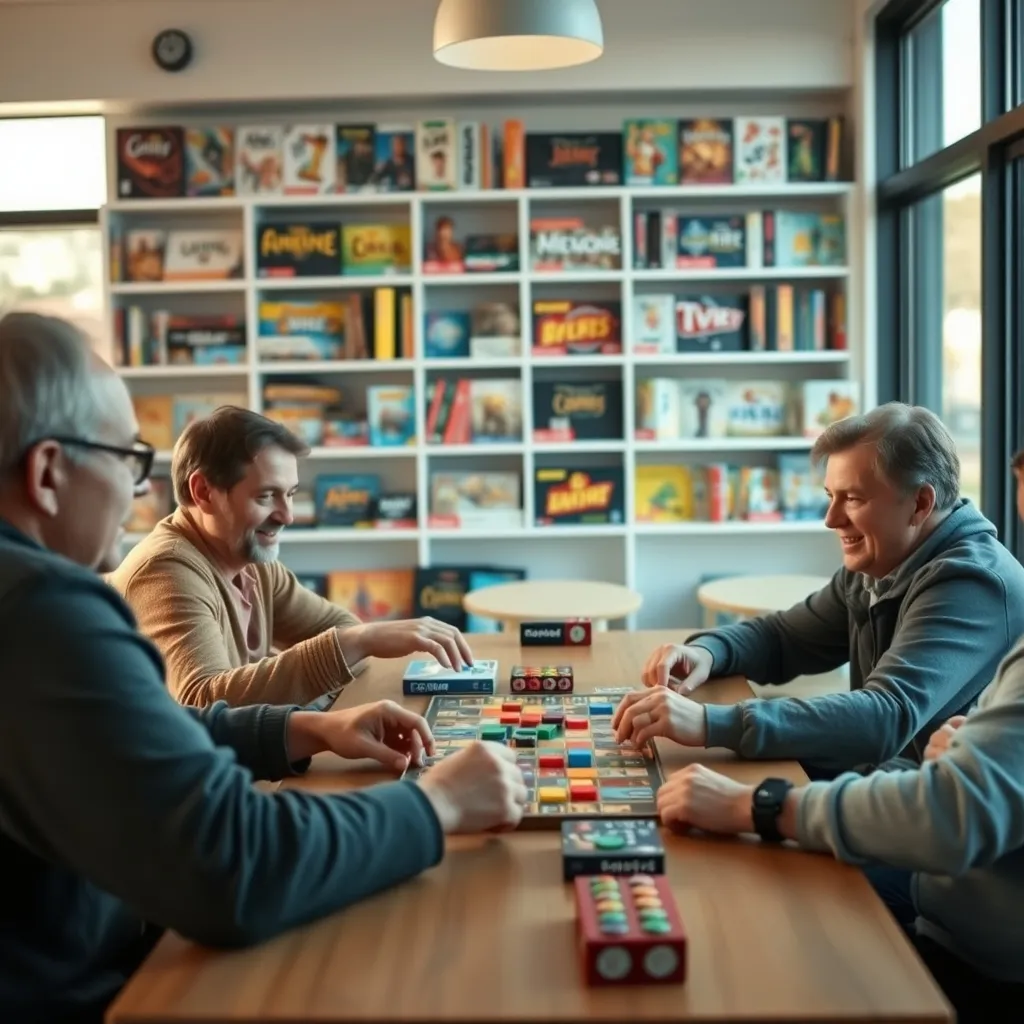 Grupo de jugadores adultos disfrutando de una partida intensa en un café de juegos de mesa
