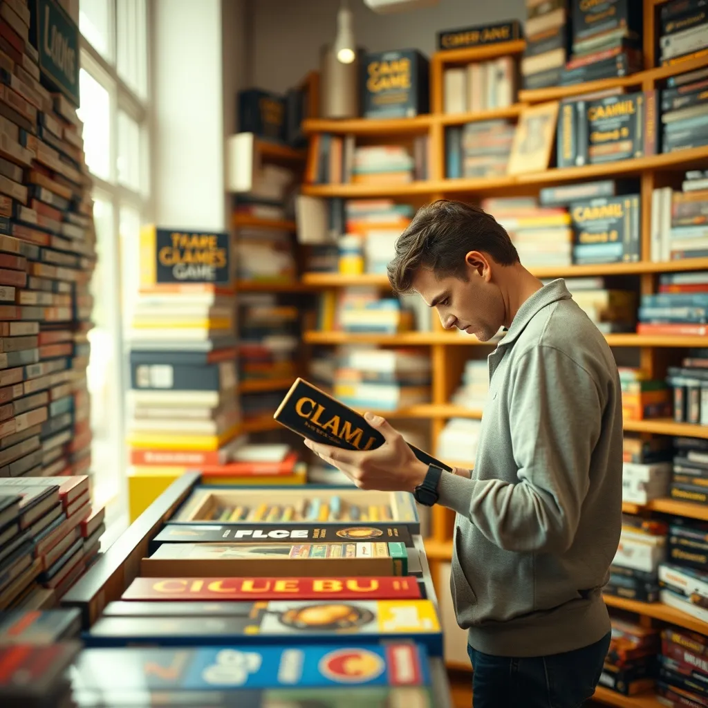 Aficionado eligiendo un juego de tablero en una tienda especializada repleta de títulos