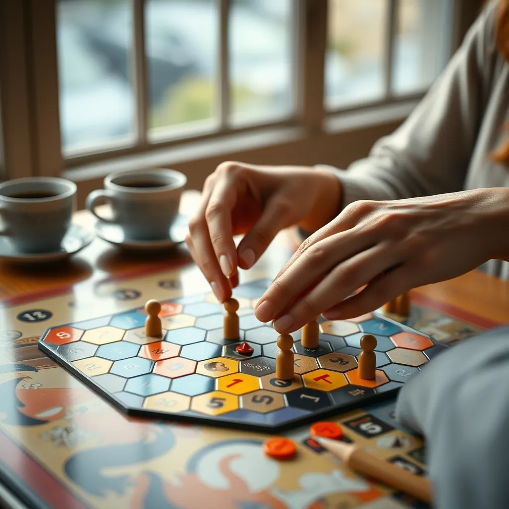 Detalle de componentes de un eurogame moderno durante una partida en una cafetería